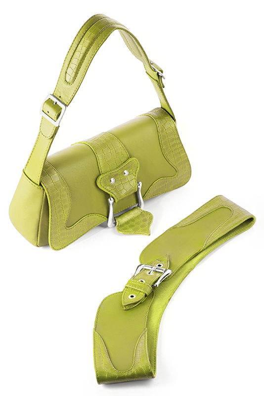 Pistachio green women's dress belt, matching pumps and bags. Made to measure. Worn view - Florence KOOIJMAN